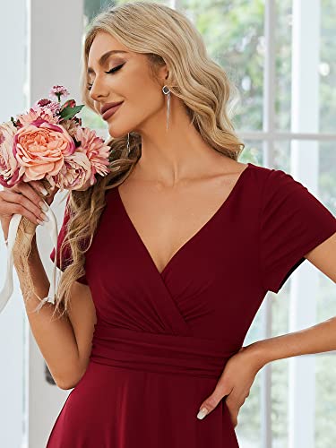 Women's Formal Dress Ruched Waist V Neck A Line Bridesmiad Dress with Sleeves 01730