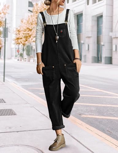 Women's Corduroy Casual Bib Overalls Loose Tapered Jumpsuits Adjustable Straps Rompers Fall Outfit with Pockets PC9