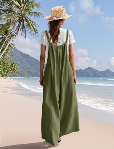 Casual Wide Leg Jumpsuits for Women Boho Floral Pleated Overalls Rompers Summer Outfits with Pockets 2XL P0D Solid Army Green