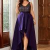 Women's Sleeveless Sequin V-Neck High-Low Satin A-line Summer Plus Size Wedding Guest Dress Formal Gowns 0667-DA
