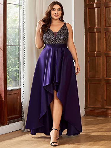 Women's Sleeveless Sequin V-Neck High-Low Satin A-line Summer Plus Size Wedding Guest Dress Formal Gowns 0667-DA