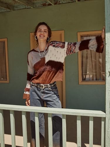 Women‘s Wool Color Block Sweater Knitted Boat Neck Bell Sleeve Pullover Sweatshirt Tops