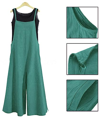 Women Casual Loose Long Bib Pants Wide Leg Jumpsuits Baggy Cotton Rompers Overalls with Pockets 3XL PZZTYP2 Teal