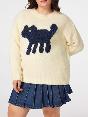 Women’s Cat Sweater Long Sleeve Crew Neck Fun Graphic Cute Patterned Pullover Sweater Tops