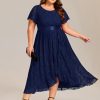 Women's Lace Round Neck Short Sleeves High Low Plus Size Midi Cocktail Wedding Guest Dresses
