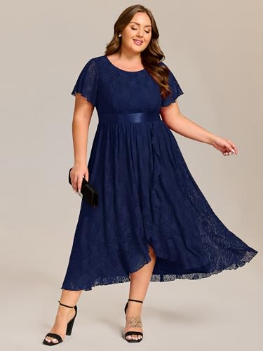 Women's Lace Round Neck Short Sleeves High Low Plus Size Midi Cocktail Wedding Guest Dresses