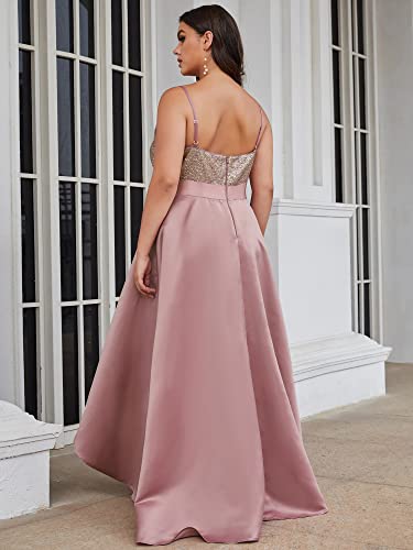 Women's Elegant V Neck Sleeveless High Low A Line Sequin Satin Plus Size Cocktail Formal Dresses