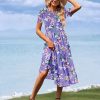 Women's Summer Causal Puff Short Sleeve Smocked Dress Elastic Waist Tiered Midi Dress with Pockets EP2