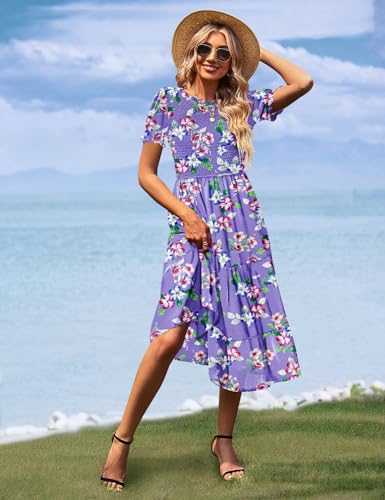 Women's Summer Causal Puff Short Sleeve Smocked Dress Elastic Waist Tiered Midi Dress with Pockets EP2