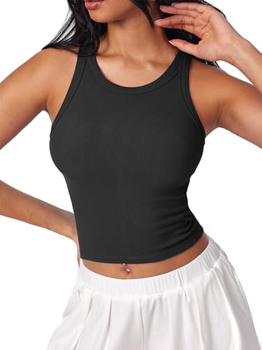 Womens Cotton Tank Tops Sleeveless Ribbed Basic Shirt Summer Crew Neck Racerback Shirts