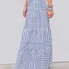 Womens Casual Dresses Strapless Tube Stripped Shirred A Line Blue Beach Vacation Midi Dress Maxi Skirts