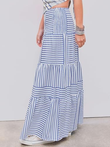 Womens Casual Dresses Strapless Tube Stripped Shirred A Line Blue Beach Vacation Midi Dress Maxi Skirts