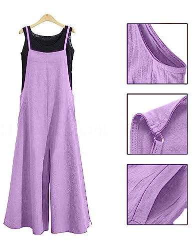 Women Casual Loose Boyfriend Bib Pants Summer Wide Leg Cotton Jumpsuits Rompers with Pockets (S PZZTYP2 Light Purple)