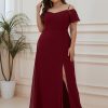 Women's Off Shoulder Ruffles Sleeves Side Slit Chiffon Plus Size Bridesmaid Dresses 00237-DA