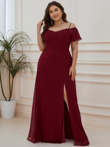 Women's Off Shoulder Ruffles Sleeves Side Slit Chiffon Plus Size Bridesmaid Dresses 00237-DA