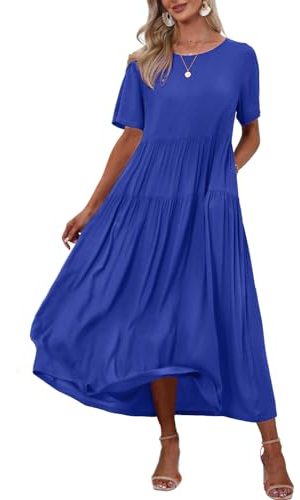 Women Casual Loose Bohemian Floral Dress with Pockets Short Sleeve Long Maxi Summer Beach Swing Dresses M EJF Solid P Royal Blue