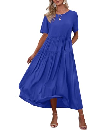 Women Casual Loose Bohemian Floral Dress with Pockets Short Sleeve Long Maxi Summer Beach Swing Dresses M EJF Solid P Royal Blue