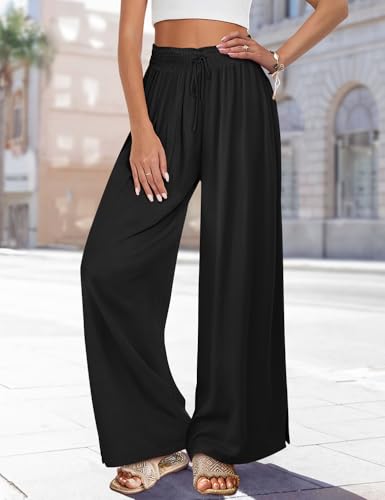 Women Summer Boho Palazzo Pants High Waist Wide Leg Floral Casual Cotton Lounge Trousers with Pockets PP0