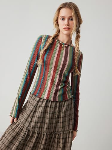 Striped Long Sleeve Shirts for Women Bell Sleeve Tops Crew Neck Color Block Trendy Casual Tops