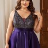 Women's Sleeveless Sequin V-Neck High-Low Satin A-line Summer Plus Size Wedding Guest Dress Formal Gowns 0667-DA