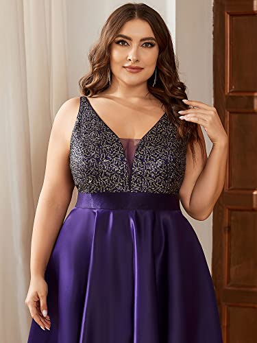 Women's Sleeveless Sequin V-Neck High-Low Satin A-line Summer Plus Size Wedding Guest Dress Formal Gowns 0667-DA