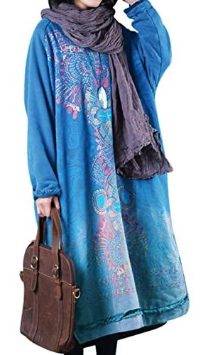 Women Long Loose Fit Sweatshirt Dress Ombre Ethnic Printed 4/5 Sleeve Side Slit with Pockets Tunic Pullover JGP