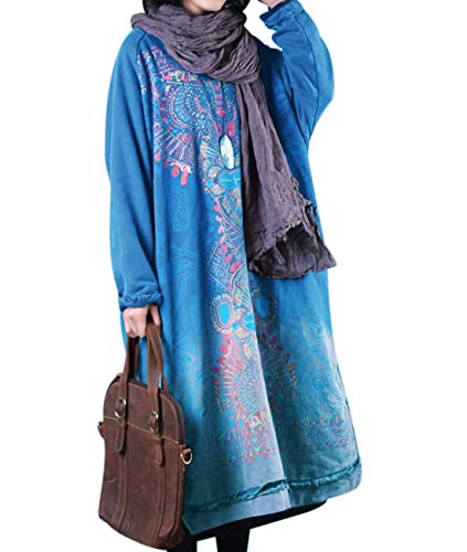 Women Long Loose Fit Sweatshirt Dress Ombre Ethnic Printed 4/5 Sleeve Side Slit with Pockets Tunic Pullover JGP