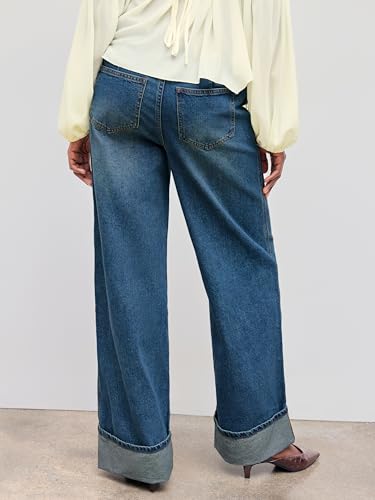Women’s Baggy Jeans Straight Wide Leg High Waisted Fold Hem Denim Pants with Pockets