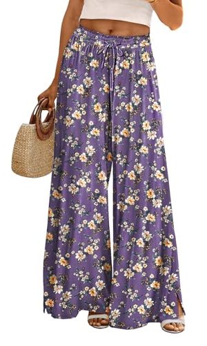 Women Summer Boho Palazzo Pants 2024 High Waist Wide Leg Floral Casual Cotton Lounge Trousers with Pockets 2XL PP0 CR008