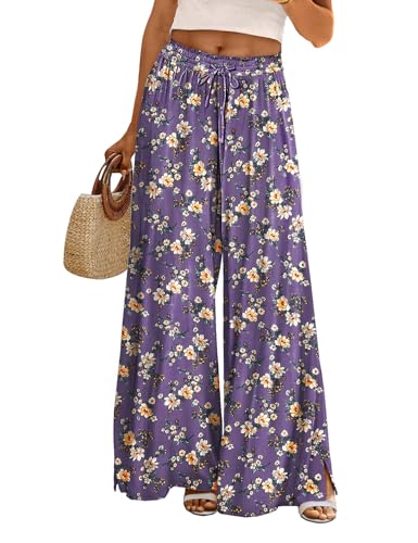 Women Summer Boho Palazzo Pants 2024 High Waist Wide Leg Floral Casual Cotton Lounge Trousers with Pockets 2XL PP0 CR008