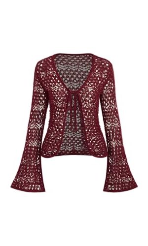 Womens Cardigans Hollow Out Crochet Bell Long Sleeve Tie Front Cover Ups Vacation Outfits