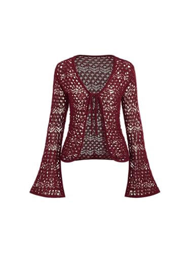 Womens Cardigans Hollow Out Crochet Bell Long Sleeve Tie Front Cover Ups Vacation Outfits