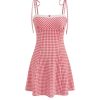 Womens Summer Gingham Dress Plaid Tie Spaghetti Strap Sleeveless Lace Trim Cute A Line Casual Mini Dresses Sundress