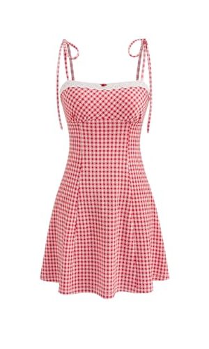 Womens Summer Gingham Dress Plaid Tie Spaghetti Strap Sleeveless Lace Trim Cute A Line Casual Mini Dresses Sundress