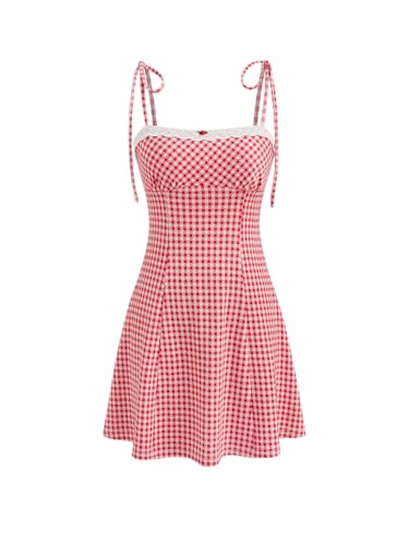 Womens Summer Gingham Dress Plaid Tie Spaghetti Strap Sleeveless Lace Trim Cute A Line Casual Mini Dresses Sundress