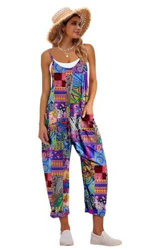 Women's Casual Floral Jumpsuits Spaghetti Straps Sleeveless Boho Summer Loose Harem Overalls Rompers with Pockets PZU