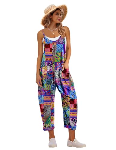 Women's Casual Floral Jumpsuits Spaghetti Straps Sleeveless Boho Summer Loose Harem Overalls Rompers with Pockets PZU