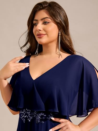 Women's Ball Gown V-Neck A Line Chiffon Applique Shawl Short Sleeves Maxi Plus Size Formal Dresses 02289-DA