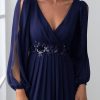 Women's V Neck Long Sleeves Floor Length Ruched Chiffon Formal Dress 00461