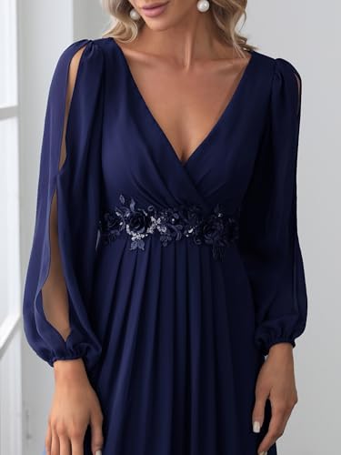 Women's V Neck Long Sleeves Floor Length Ruched Chiffon Formal Dress 00461