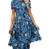 Women's Summer Causal Puff Short Sleeve Smocked Dress Elastic Waist Tiered Midi Dress with Pockets EP2
