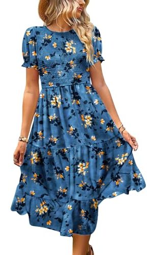 Women's Summer Causal Puff Short Sleeve Smocked Dress Elastic Waist Tiered Midi Dress with Pockets EP2