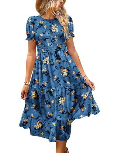 Women's Summer Causal Puff Short Sleeve Smocked Dress Elastic Waist Tiered Midi Dress with Pockets EP2