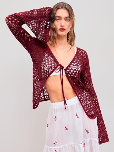 Womens Cardigans Hollow Out Crochet Bell Long Sleeve Tie Front Cover Ups Vacation Outfits