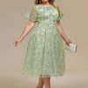 Women's Gorgeous Round Neck A-Line Short Sleeves Midi Sequin Plus Size Formal Wedding Guest Dresses
