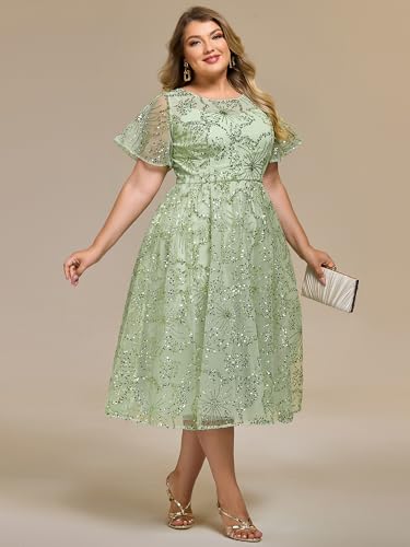 Women's Gorgeous Round Neck A-Line Short Sleeves Midi Sequin Plus Size Formal Wedding Guest Dresses