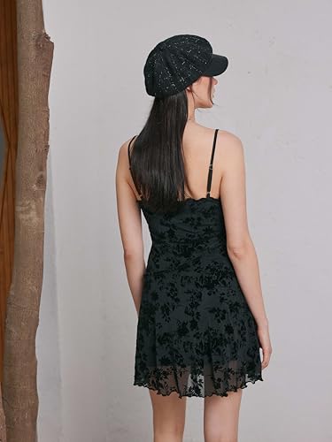 Women's Summer Mini Dress Floral Dresses Sleeveless Lace Mesh Square Neck Spaghetti Strap Short Party Dresses