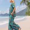 Women's Two Piece Outfits Summer Casual Floral Short Sleeve Slit Wide Leg Pants Set Vacation Airport Clothes CS1