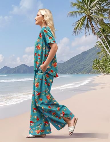 Women's Two Piece Outfits Summer Casual Floral Short Sleeve Slit Wide Leg Pants Set Vacation Airport Clothes CS1