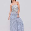 Womens Casual Dresses Strapless Tube Stripped Shirred A Line Blue Beach Vacation Midi Dress Maxi Skirts